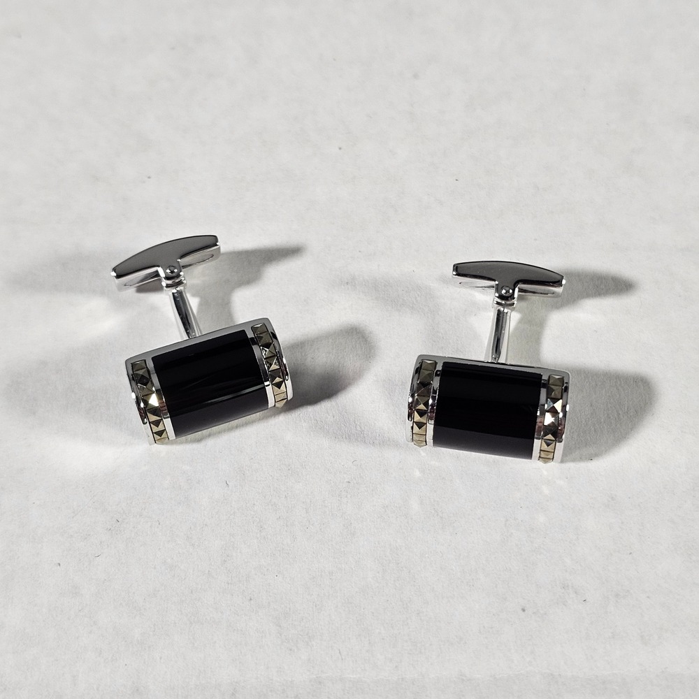 Jan Leslie Cufflinks Mens OS Black Onyx 925 Sterling Silver Pyramid‎ Stud Barrel